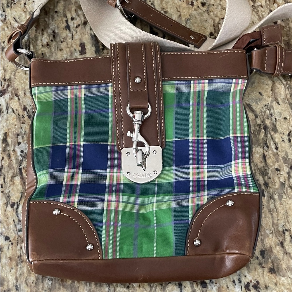 Chaps Plaid Magnetic Snap Crossbody Purse Faux Leather Silver tone clasp